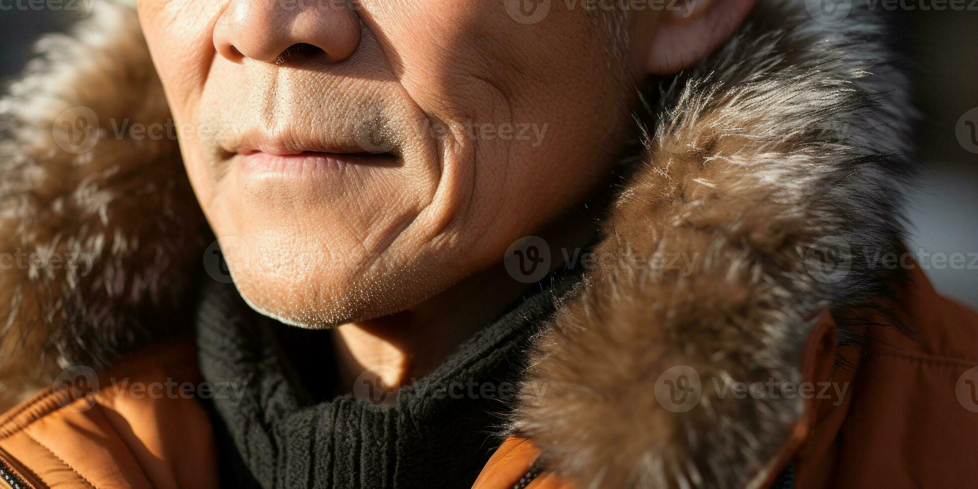 AI generated Stylish older man in luxurious fur coat, with a casual brown jacket. AI generative. photo