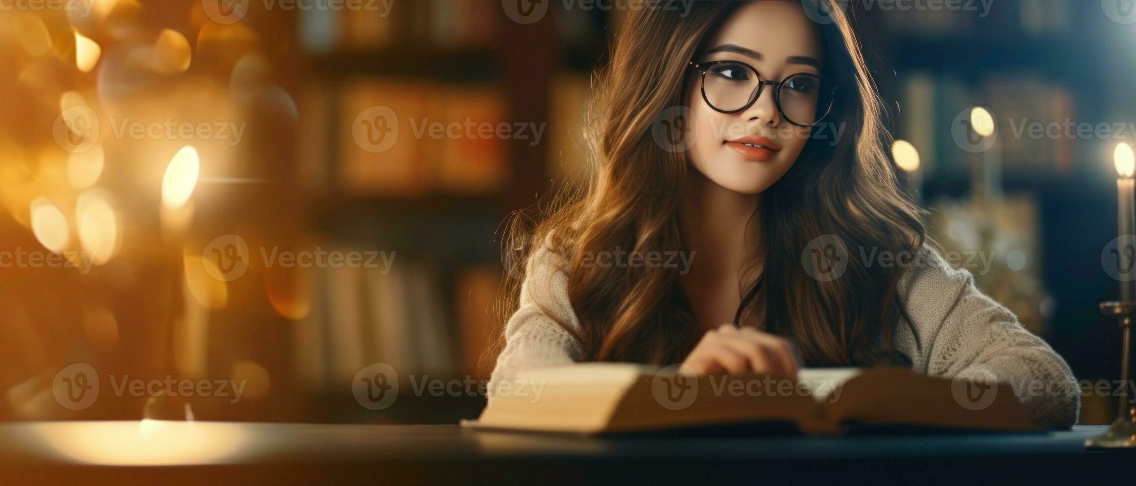 AI generated Young Asian woman engrossed in a book in a library. AI generative. photo
