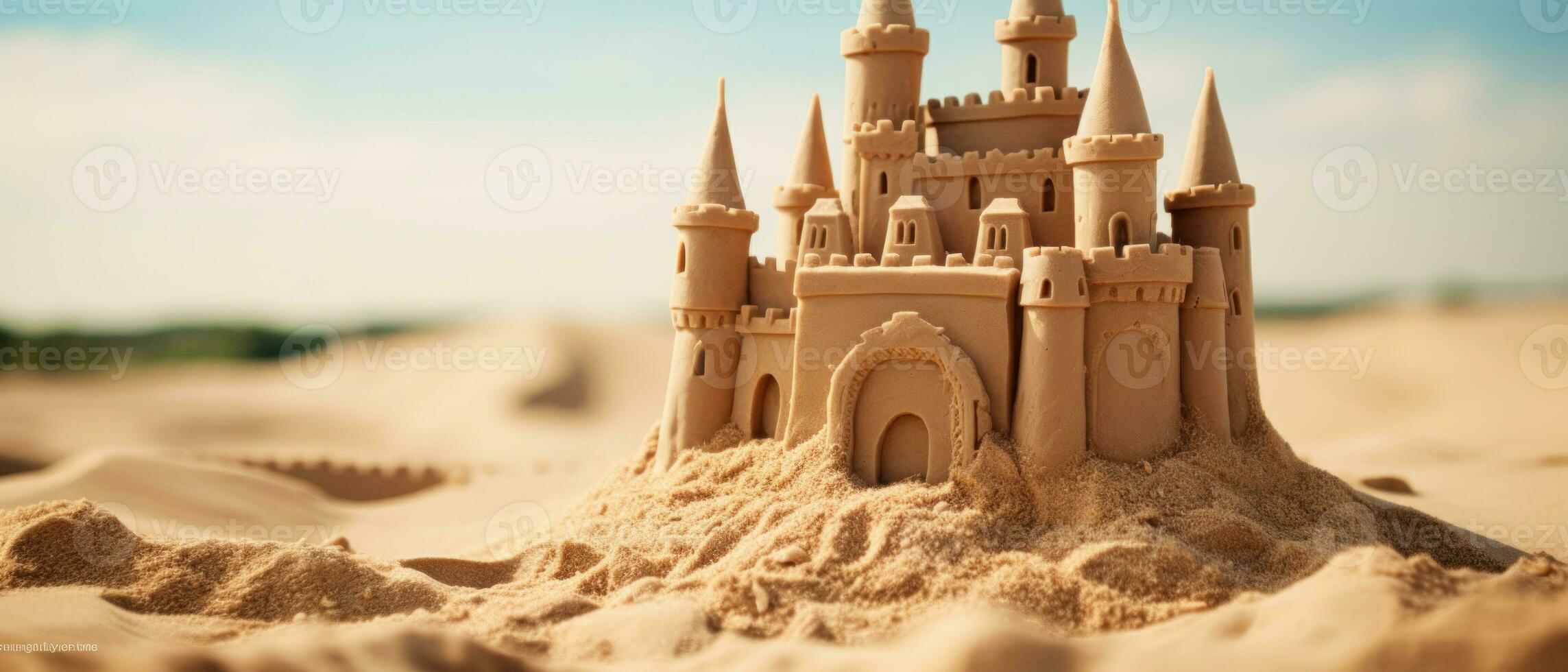 AI generated Close-up of a detailed sandcastle on a smooth beach. AI generative. photo