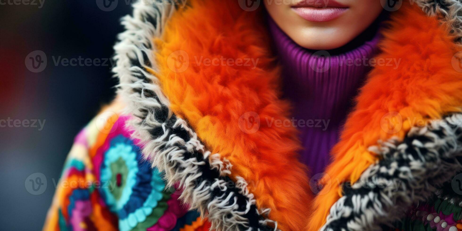 AI generated Woman in colorful knitted coat. AI generative. photo