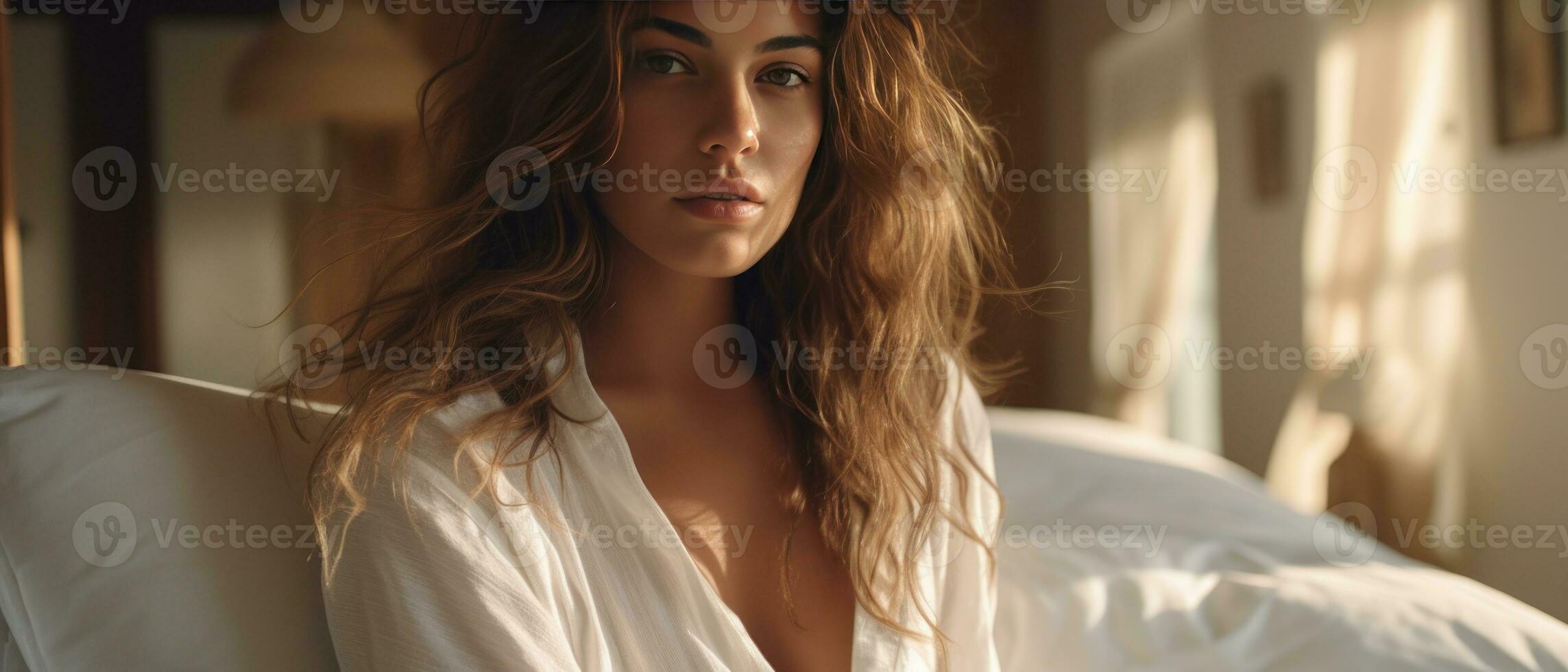 AI generated Enchanting young woman in bed. AI generative. photo