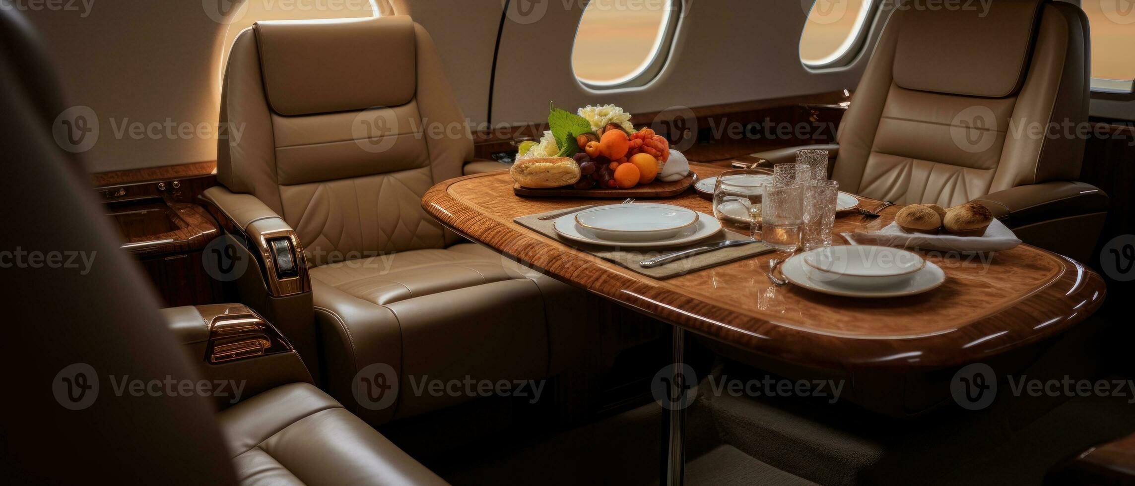 AI generated Luxurious private jet interior, leather seats, plush upholstery. AI generative. photo