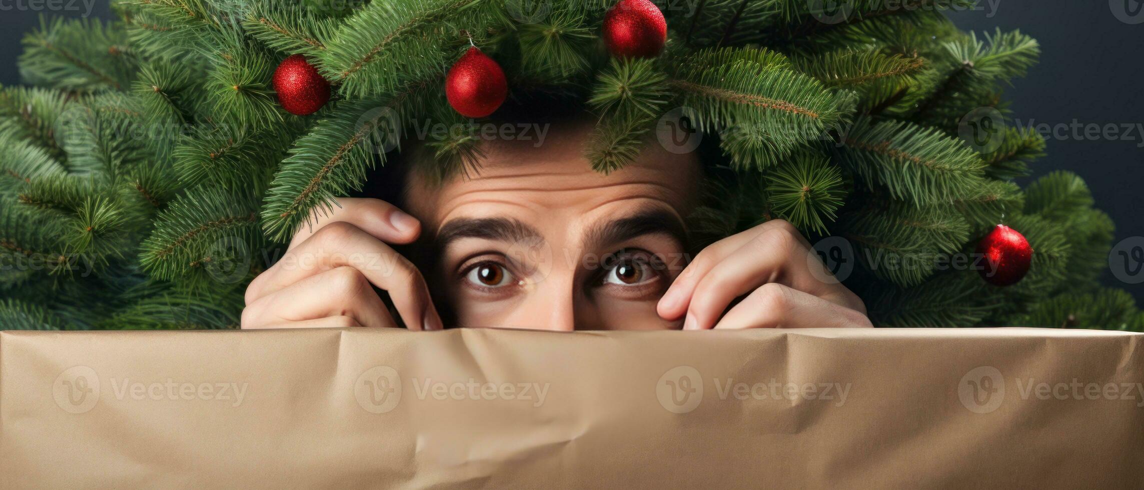 AI generated Playful man hiding behind Christmas tree. AI generative. photo