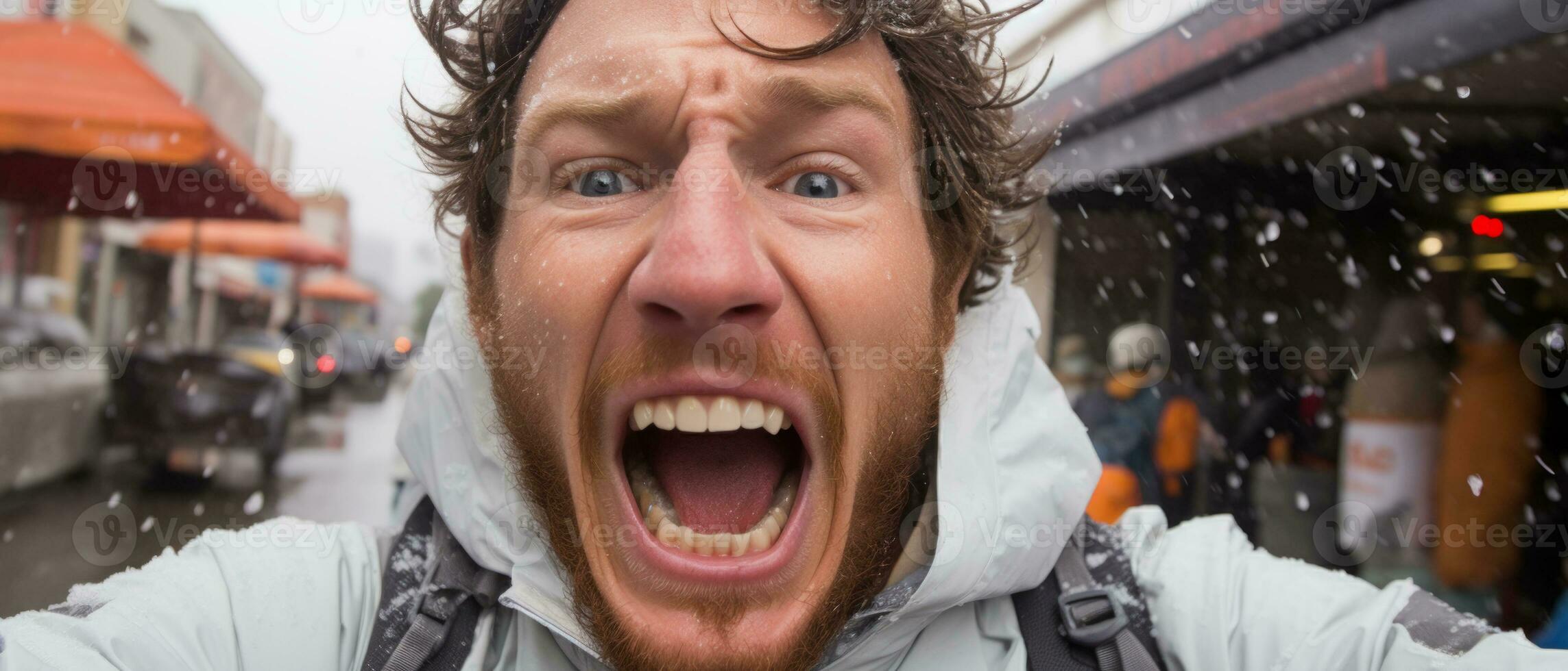 ai generado emocionado hombre en Nevado urbano ajuste foto