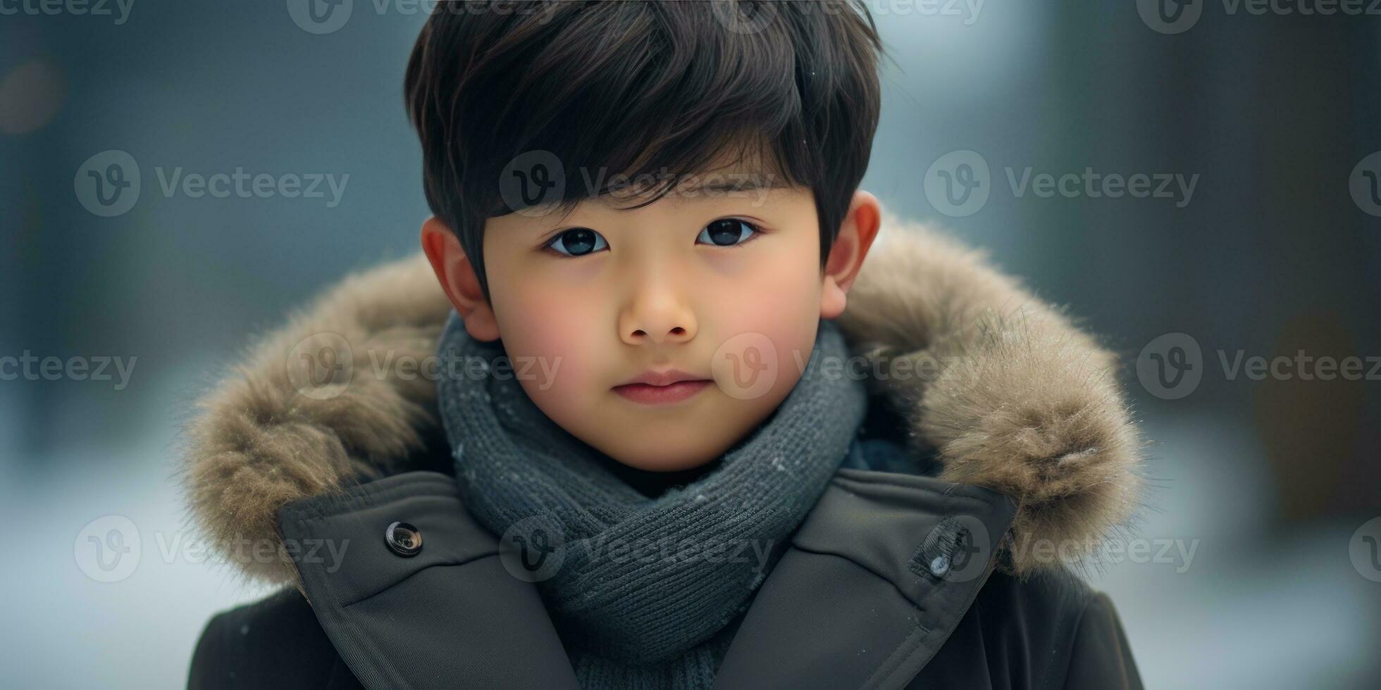 AI generated Close-up of a young Asian boy in winter attire. AI generative. photo