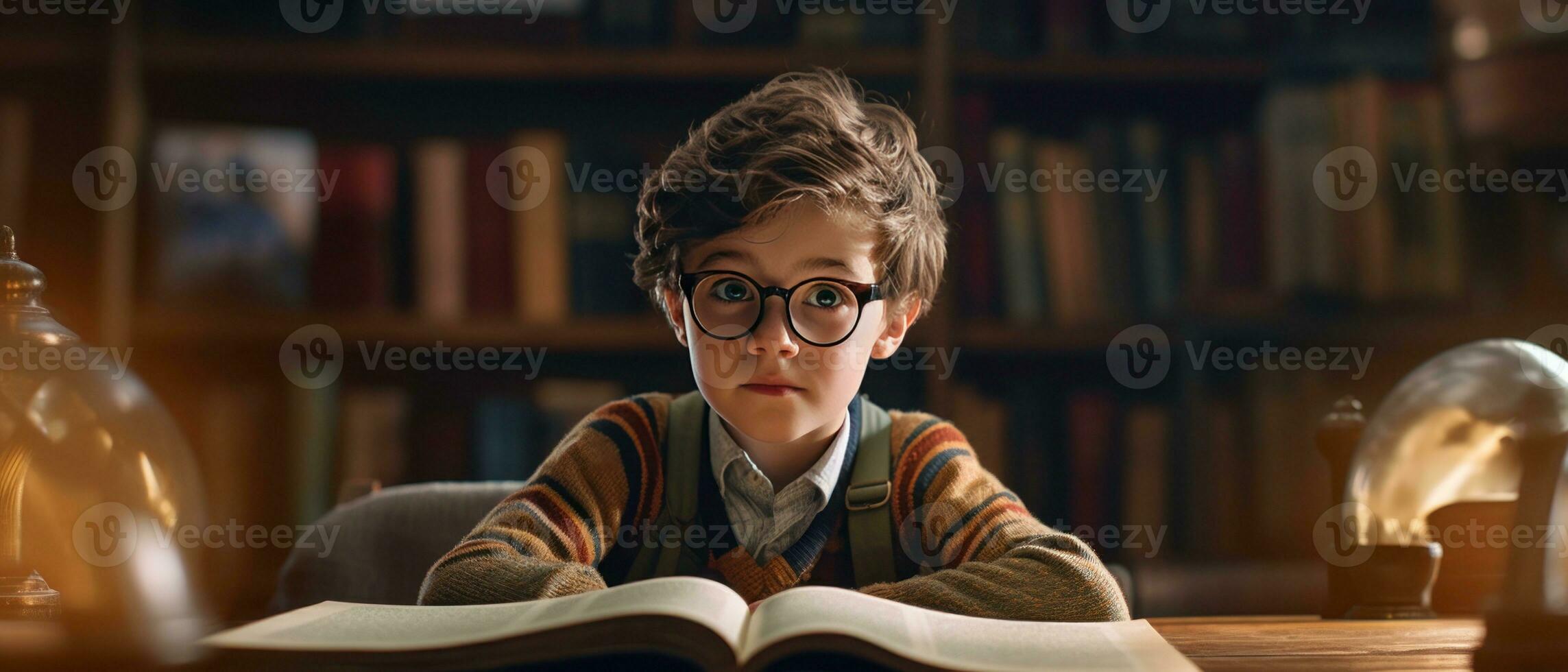 AI generated Young reader in sweater and glasses, absorbed in enchanting story,. AI generative. photo