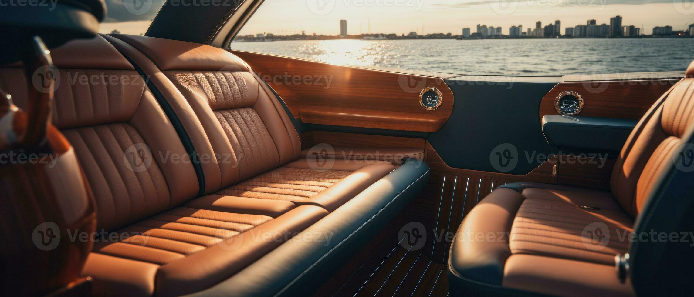 AI generated Luxury boat interior at sunset, ambient lighting. AI generative. photo