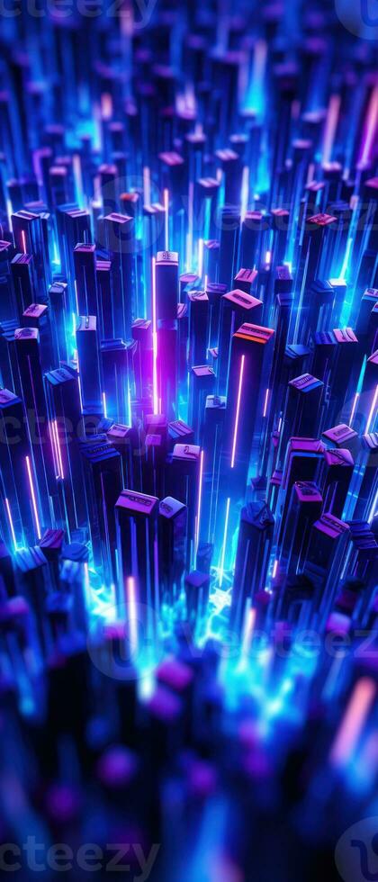 AI generated A visually striking vertical background with an intricate pattern of lines and lights, depicting a high-tech, digital world. photo