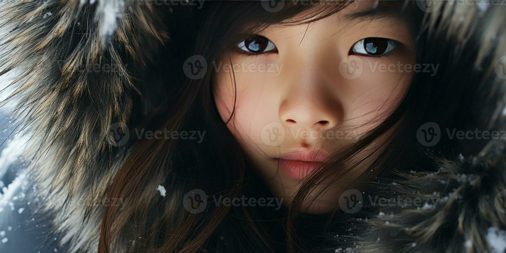 AI generated Young girl in fur coat with intense gaze. AI generative. photo