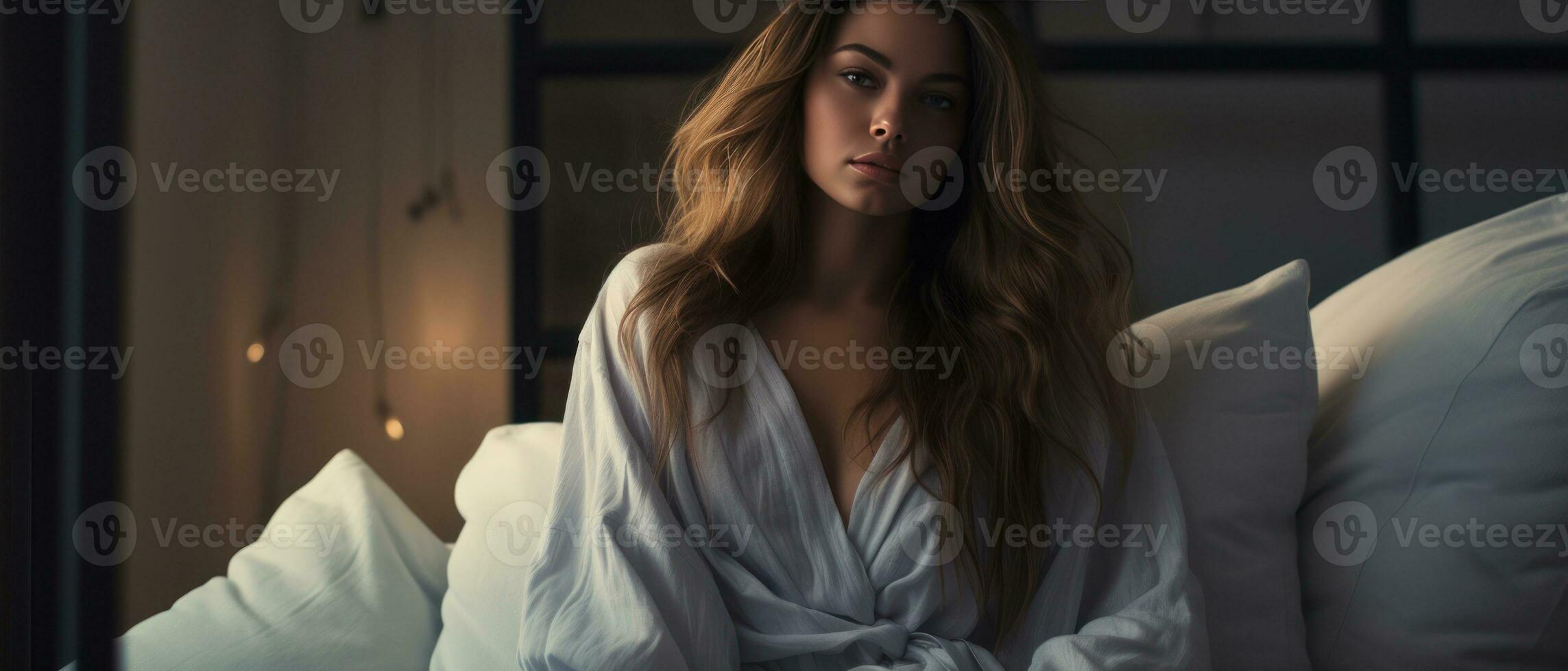 AI generated Serene young woman in a nightgown lounging on a bed. AI generative. photo