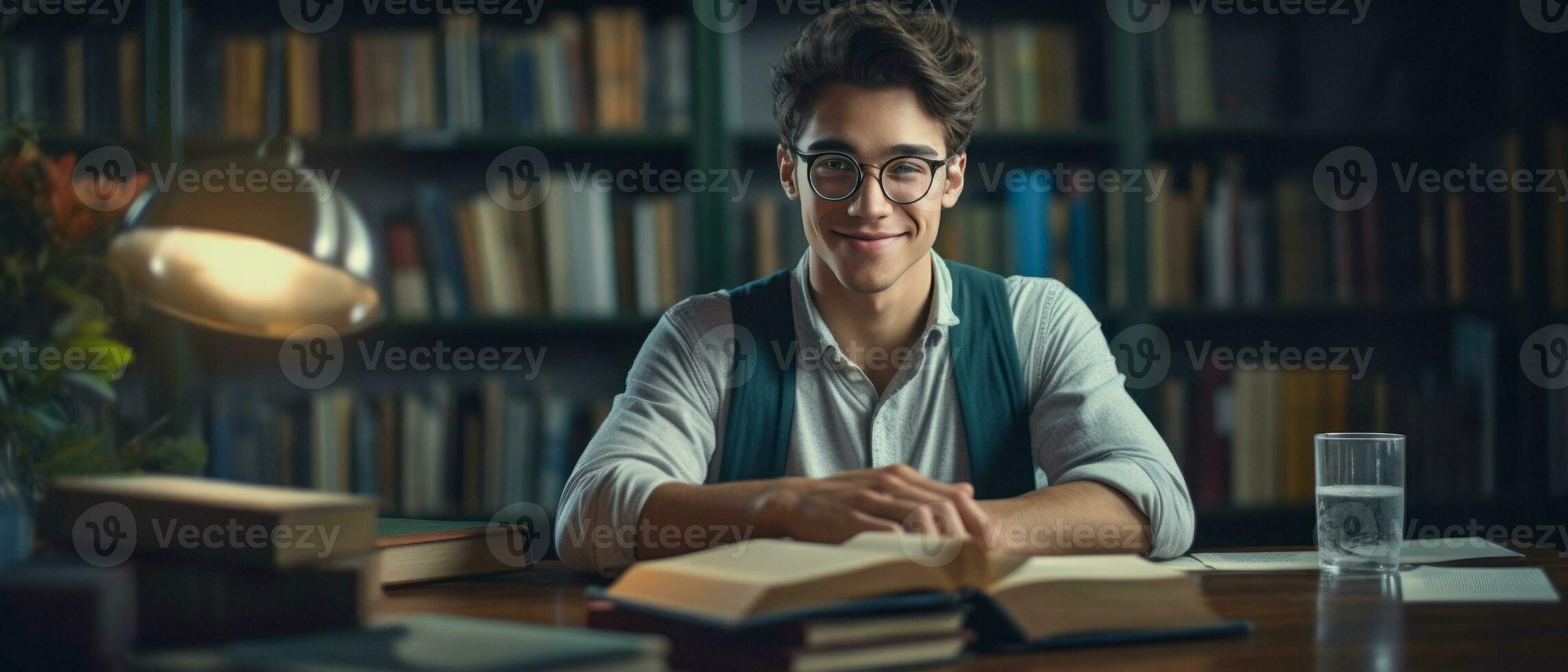 AI generated Young man in glasses deeply engrossed in a book, in a library. AI generative. photo