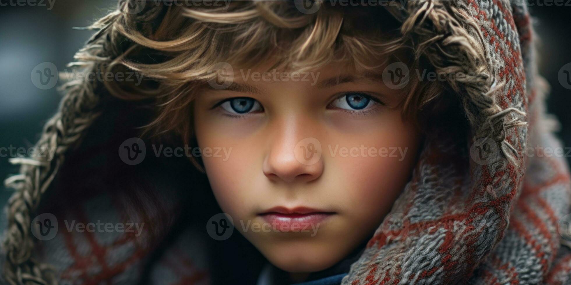 AI generated Warm, inviting image of a boy in a hooded coat. AI generative. photo