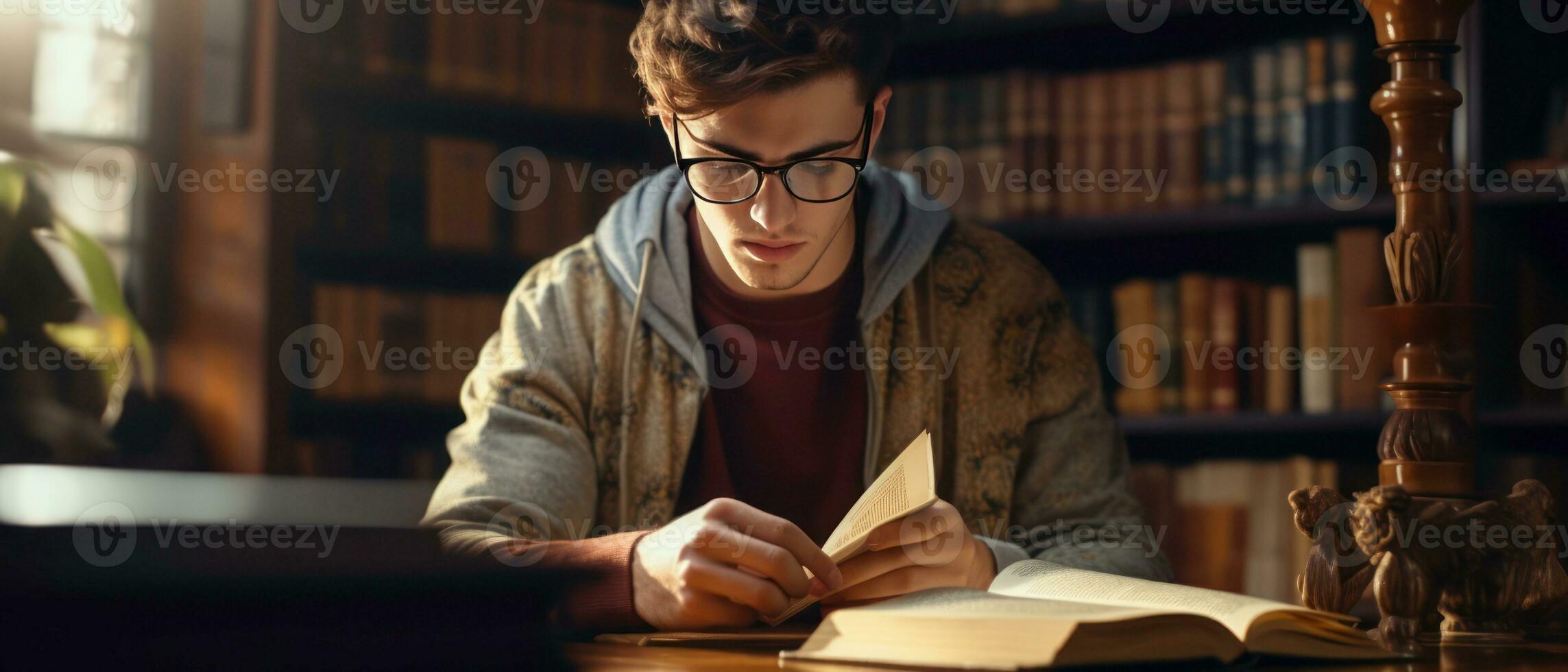 AI generated Young man in glasses deeply engrossed in a book, in a library. AI generative. photo