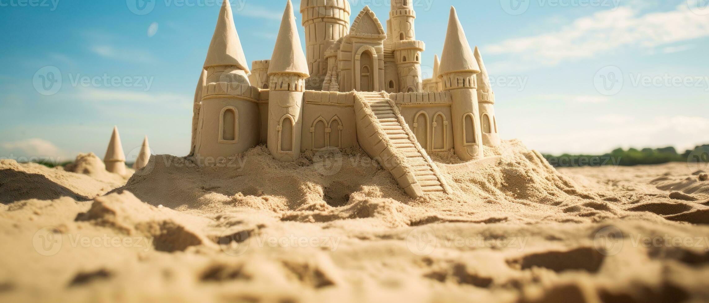 AI generated Meticulously crafted sandcastle against the ocean. AI generative. photo