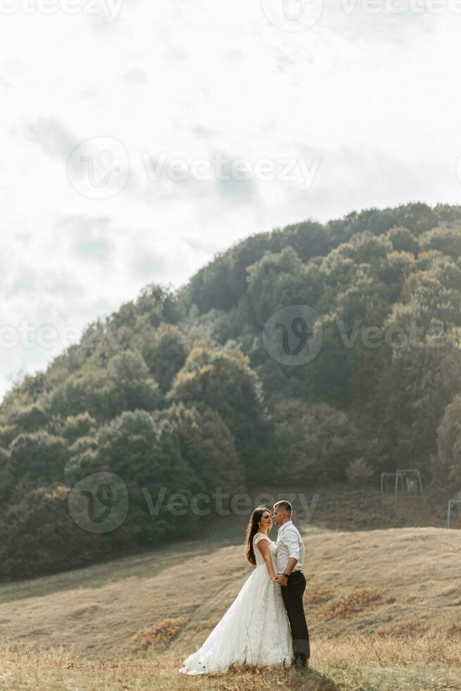 Wedding couple, walks in the mountains. Photo of a wide plan. Free space. The bride's dress develops in the wind.