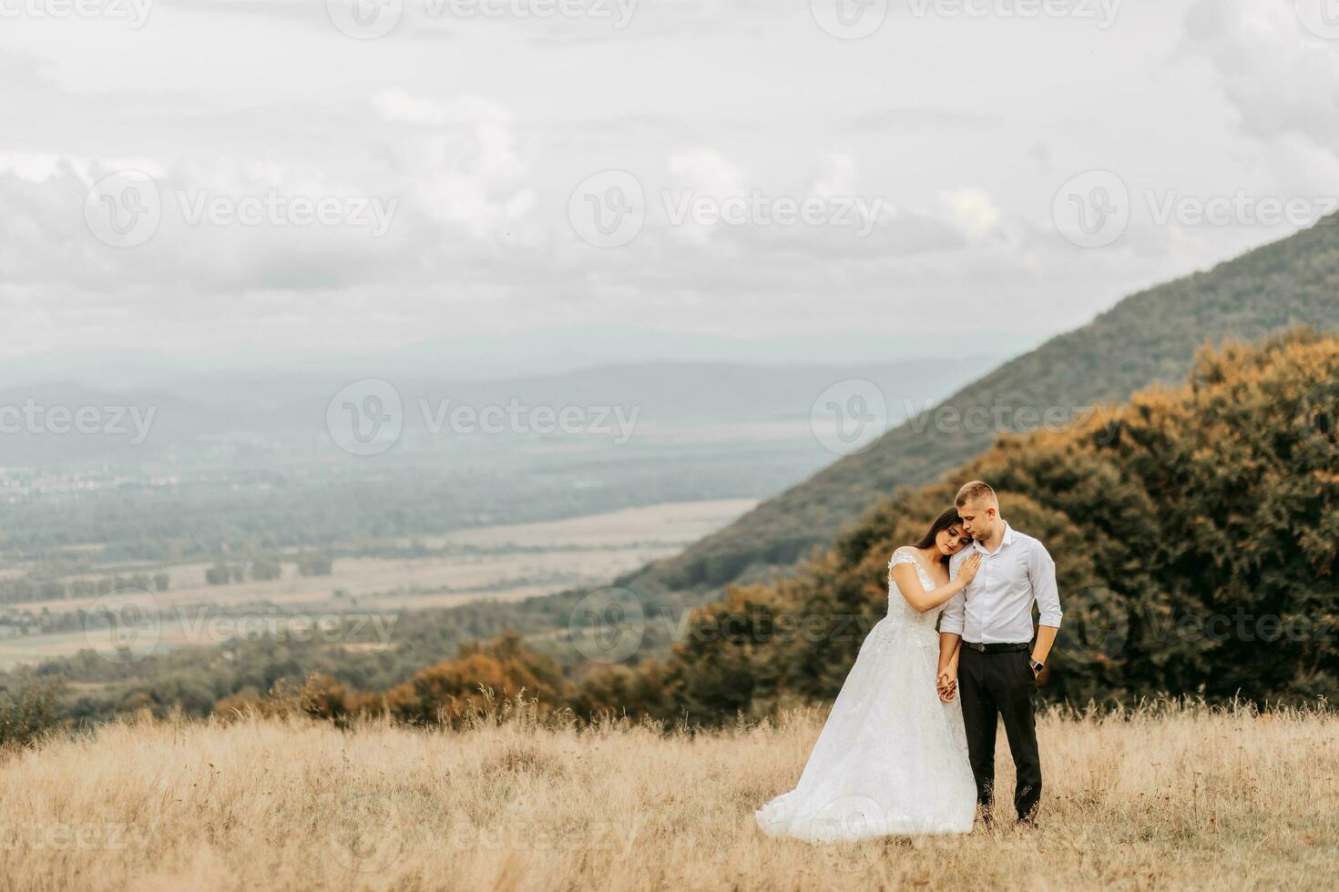 Beautiful young couple bride and groom embrace in autumn grass against the background of high autumn mountains. High quality photo