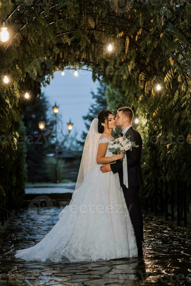 el novia y novio en el noche parque con un ramo de flores de flores en el medio de noche luces, verdor en naturaleza. romántico Pareja de recién casados al aire libre. Boda ceremonia en el botánico jardín. foto