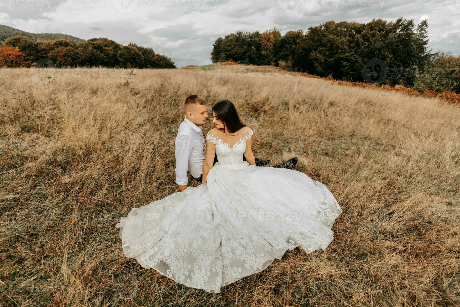 el novia y novio son acostado en el seco césped y abrazando, un mujer en un blanco Boda vestido. hermosa otoño Boda foto. foto