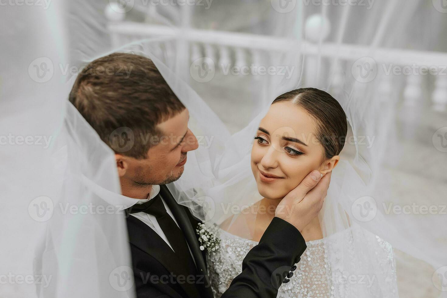 un elegante Pareja de europeo recién casados. sonriente novia en un blanco vestido. el acicalar, vestido en un clásico negro traje, blanco camisa, debajo un velo. Boda en naturaleza foto