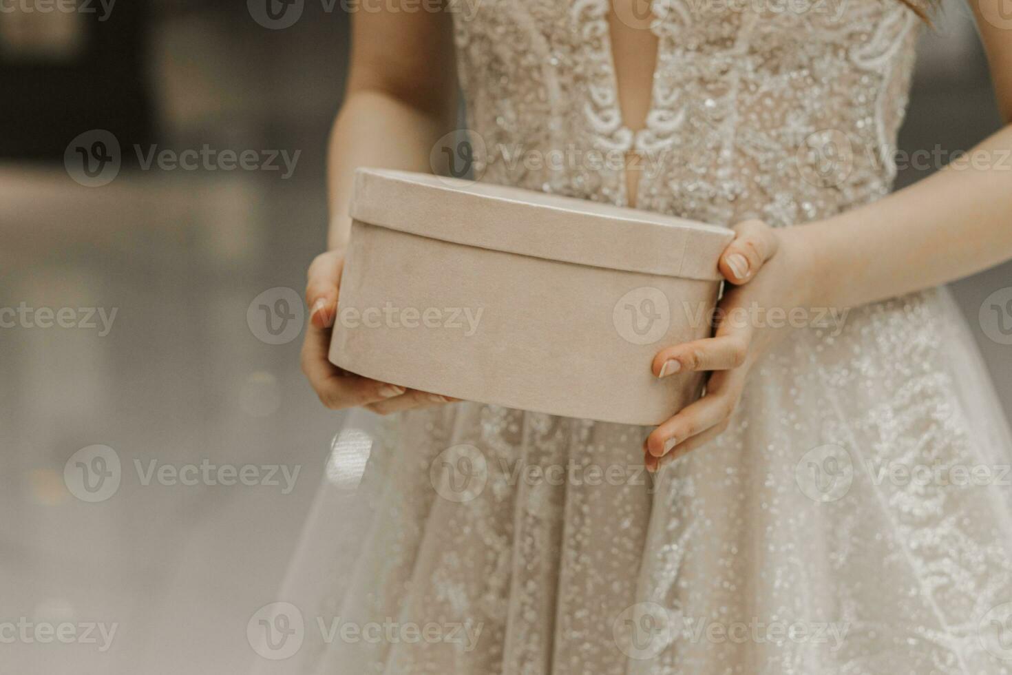 Portrait of a girl in a wedding dress with a round box in her hands with free space for a signature. horizontal photo. photo