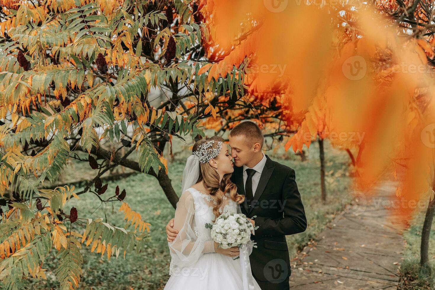 recortado retrato de un Pareja en amor en un otoño parque. un rubia novia en un Boda vestir con mangas y un ramo de flores de flores en su manos. el novio es en un clásico negro traje, blanco camisa y Corbata foto