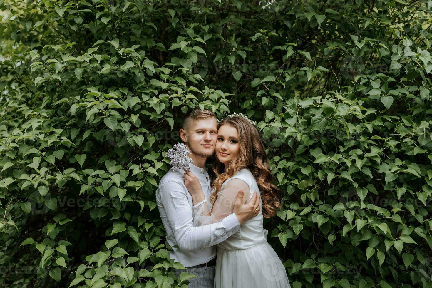 the bride and groom stand on a background of green leaves. The groom gently hugs the bride photo