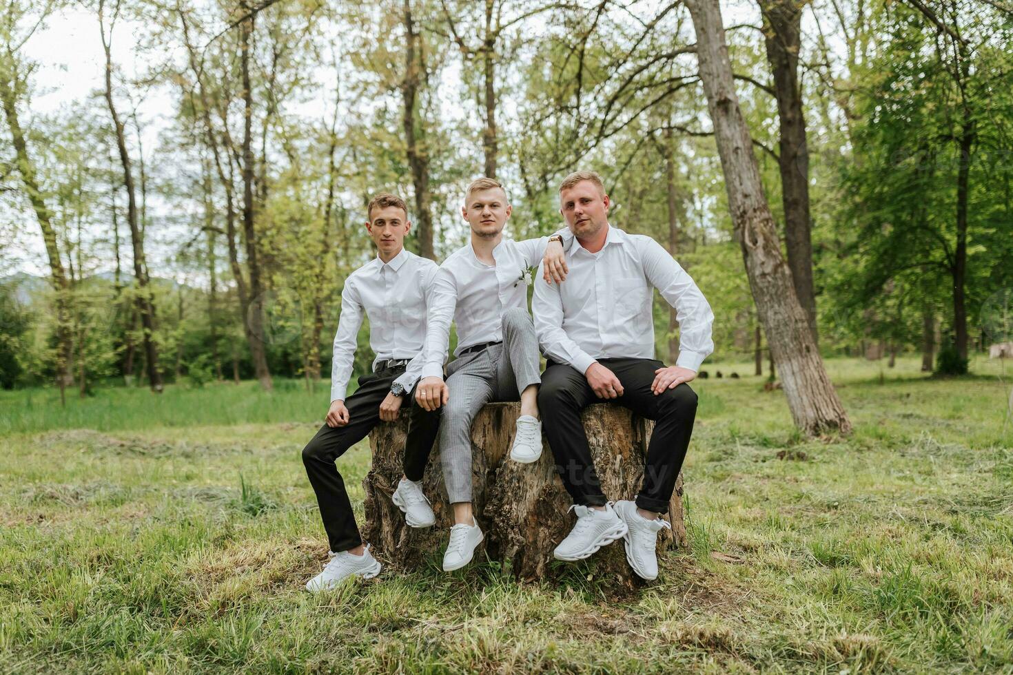 The groom and his friends are posing against the background of the forest. not a large company of people having fun. Smiling boys sit on a stump and rejoice together with the bridegroom photo