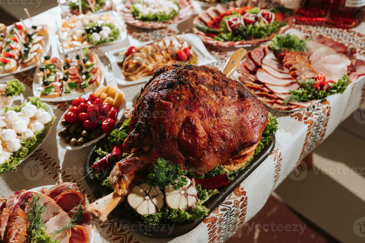 Cossack table in the best restaurants. Festive table at the wedding. National Ukrainian cuisine. Fat, sausages, alcohol. Catering. photo