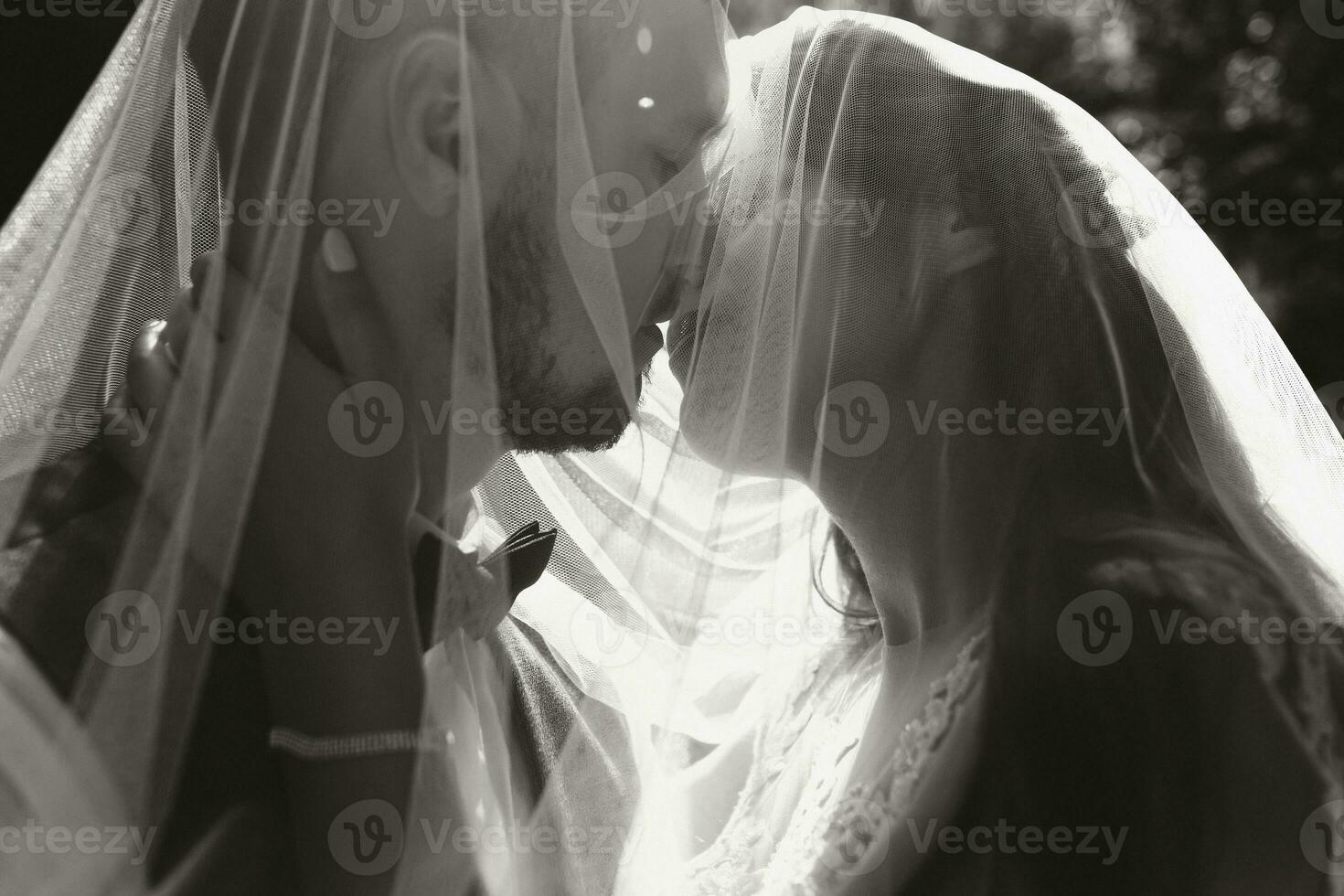 A stylish couple of European newlyweds. Smiling bride in a white dress. The groom, dressed in a classic suit, white shirt, kisses the bride under the veil. Wedding in nature. Black and white photo