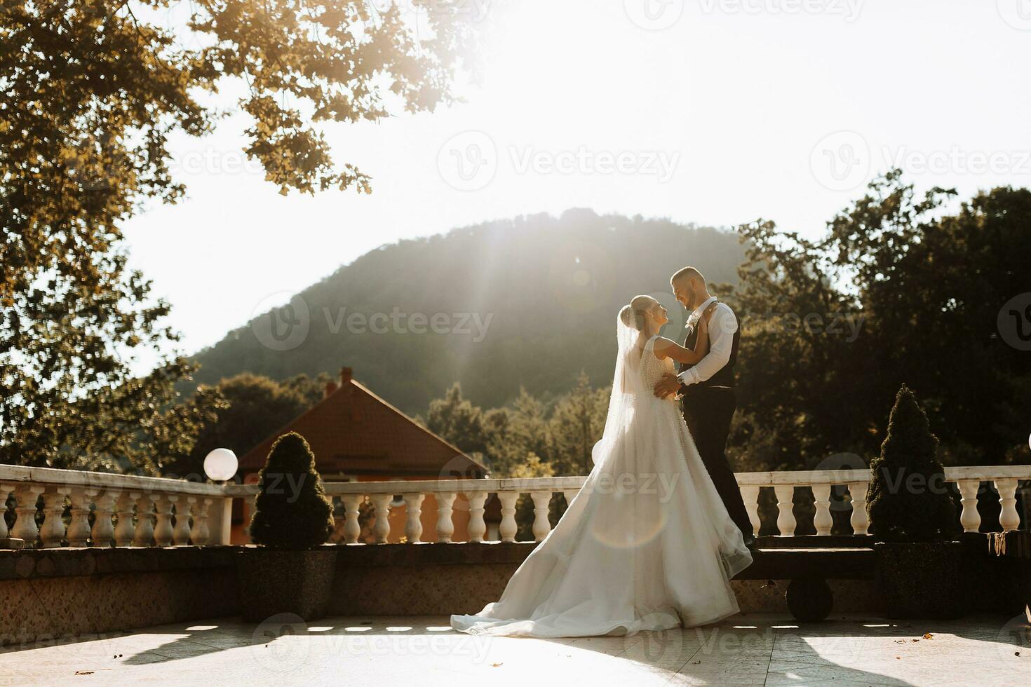 The bride and groom are standing and embracing in a beautiful yard. Wide angle photo of the sunset.