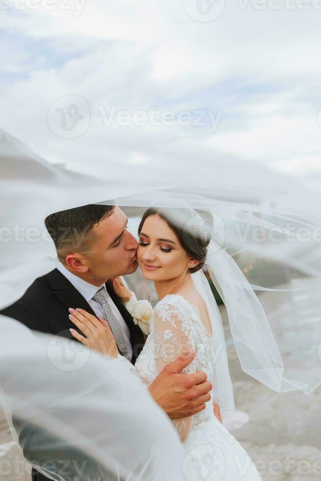 wedding couple on nature. bride and groom hugging under the veil at wedding. photo