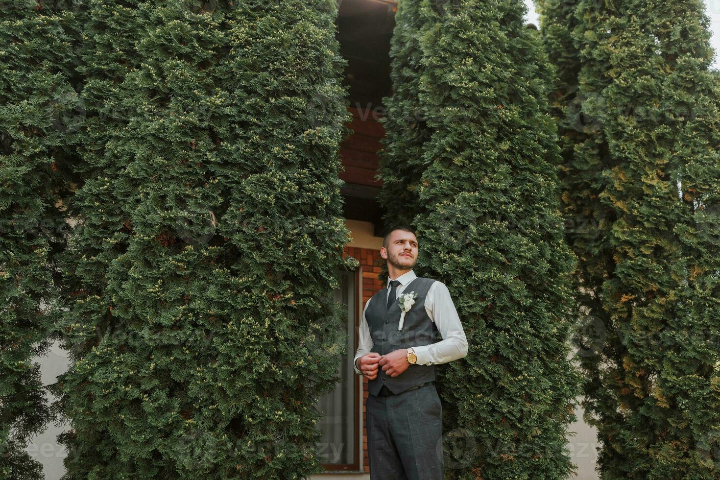 hermoso novio en un elegante traje. un barbado joven hombre en un elegante atar, un blanco camisa y un de moda gris chaleco. de moda retrato. foto