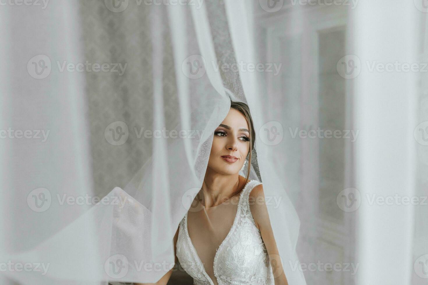 A brunette girl is preparing for the wedding. Portrait photo of the bride in a wedding dress with an elegant hairstyle and luxurious makeup, photo of the bride under the veil