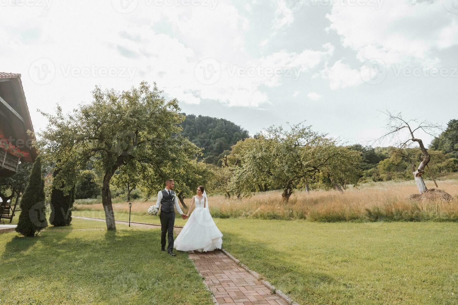 A beautiful wedding, a beautiful couple in love, walking on the background of a green garden with tall green trees. High quality photo