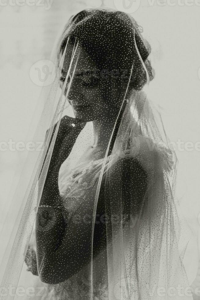 The bride is dressed in an elegant dress, covered with a veil, posing and holding a boutonniere. Wedding black and white photo, morning of the bride photo