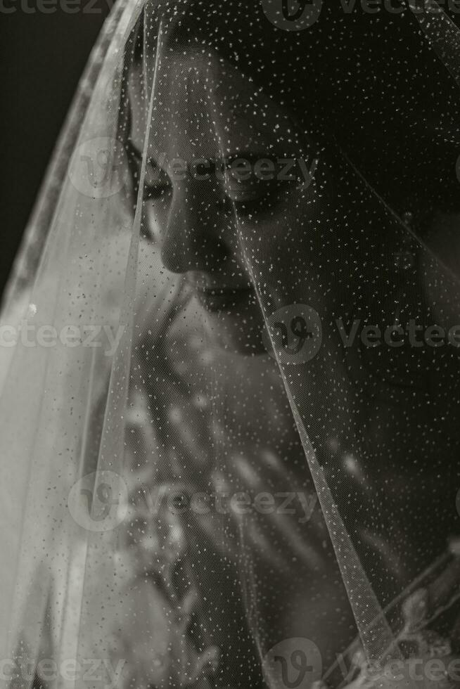 The bride is dressed in an elegant dress, covered with a veil, posing and holding a boutonniere. Wedding black and white photo, morning of the bride photo