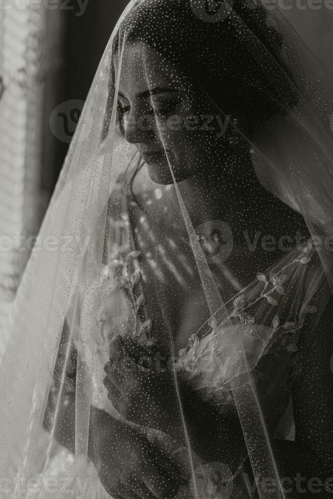 The bride is dressed in an elegant dress, covered with a veil, posing and holding a boutonniere. Wedding black and white photo, morning of the bride photo