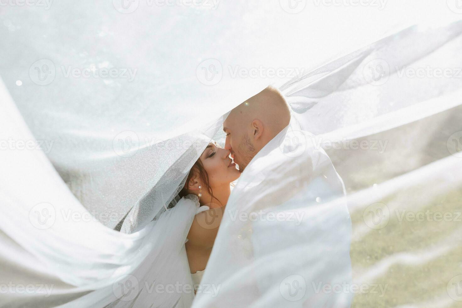 Wedding portrait. The bride and groom covered themselves with a veil, hugged and kissed tenderly. Holiday concept. Transparent veil. Rays of the sun. photo