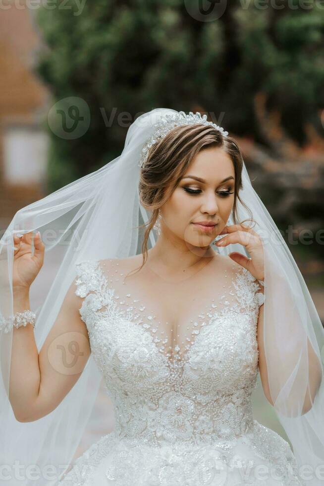 Wedding portrait. The bride in an elegant dress with a veil stands against the background of green trees. Gentle touch. Summer wedding. A walk in nature photo