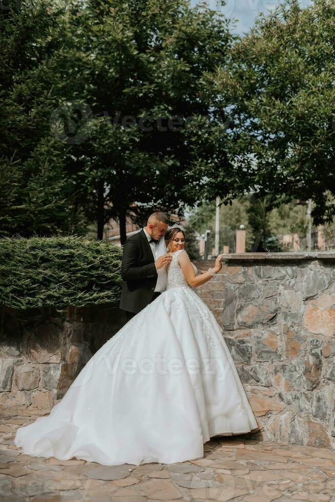 Boda retrato. el novia en un elegante vestir soportes en frente de el novio en un clásico traje, en contra el antecedentes de verde arboles amable tocar. verano boda. un caminar en naturaleza foto