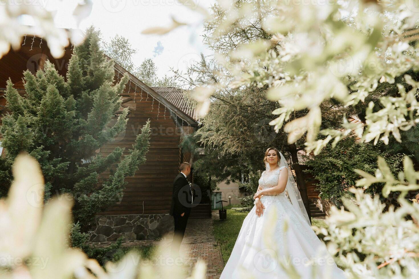 Wedding portrait. The bride in an elegant dress stands in front of the groom in a classic suit, against the background of green trees. Gentle touch. Summer wedding. A walk in nature photo