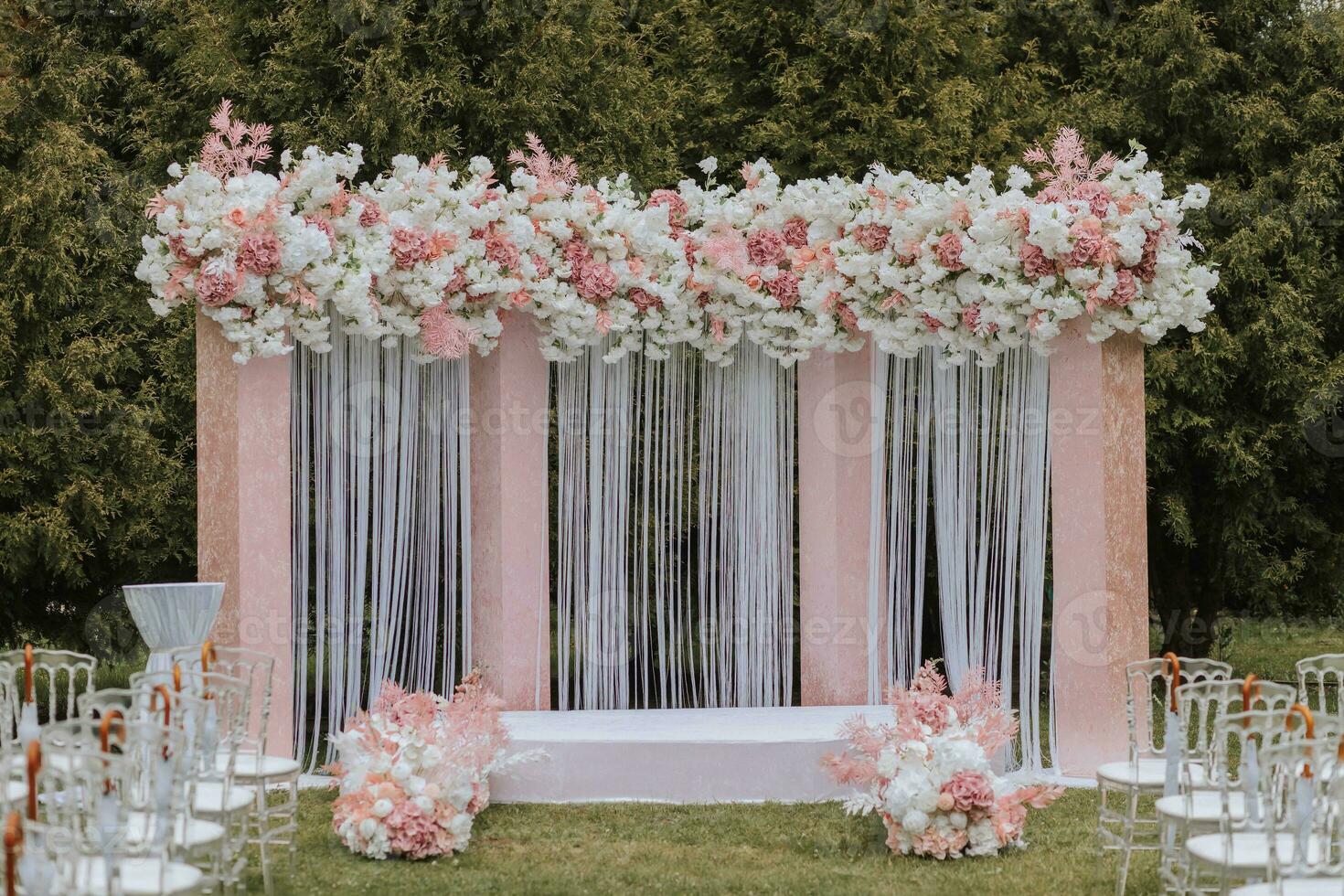 Ceremony, Arch, Wedding Arch, Wedding, Wedding Moment, Decorations, Decor, Wedding Decorations, Flowers, Chairs, Outdoor Ceremony, Flower Bouquets. photo