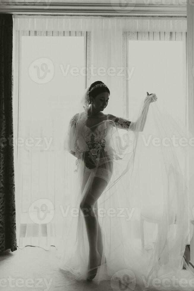 a beautiful girl with a wedding hairstyle and a tiara on her head in a transparent robe is preparing for a wedding in a hotel with a royal interior. Long veil, natural light, portrait photo