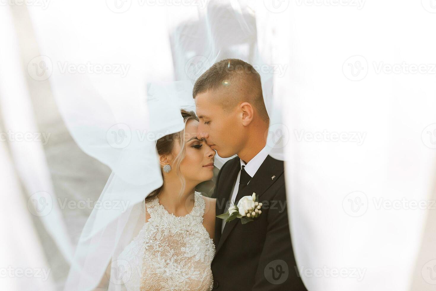 gorgeous happy luxurious brunette bride and elegant stylish groom stand under a veil and embrace tenderly photo