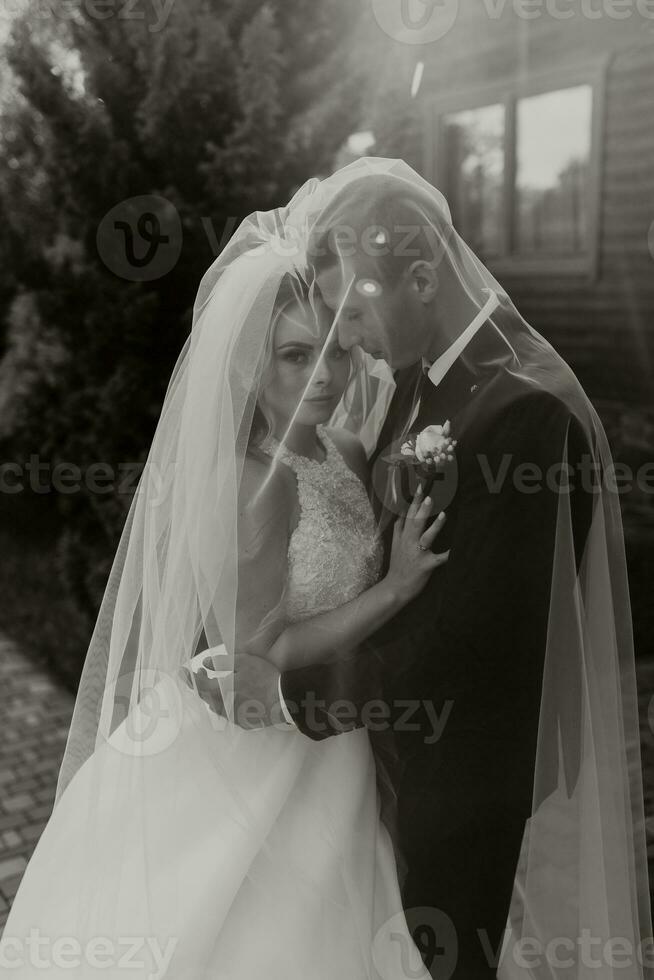 gorgeous happy luxurious brunette bride and elegant stylish groom stand under a veil and embrace tenderly photo