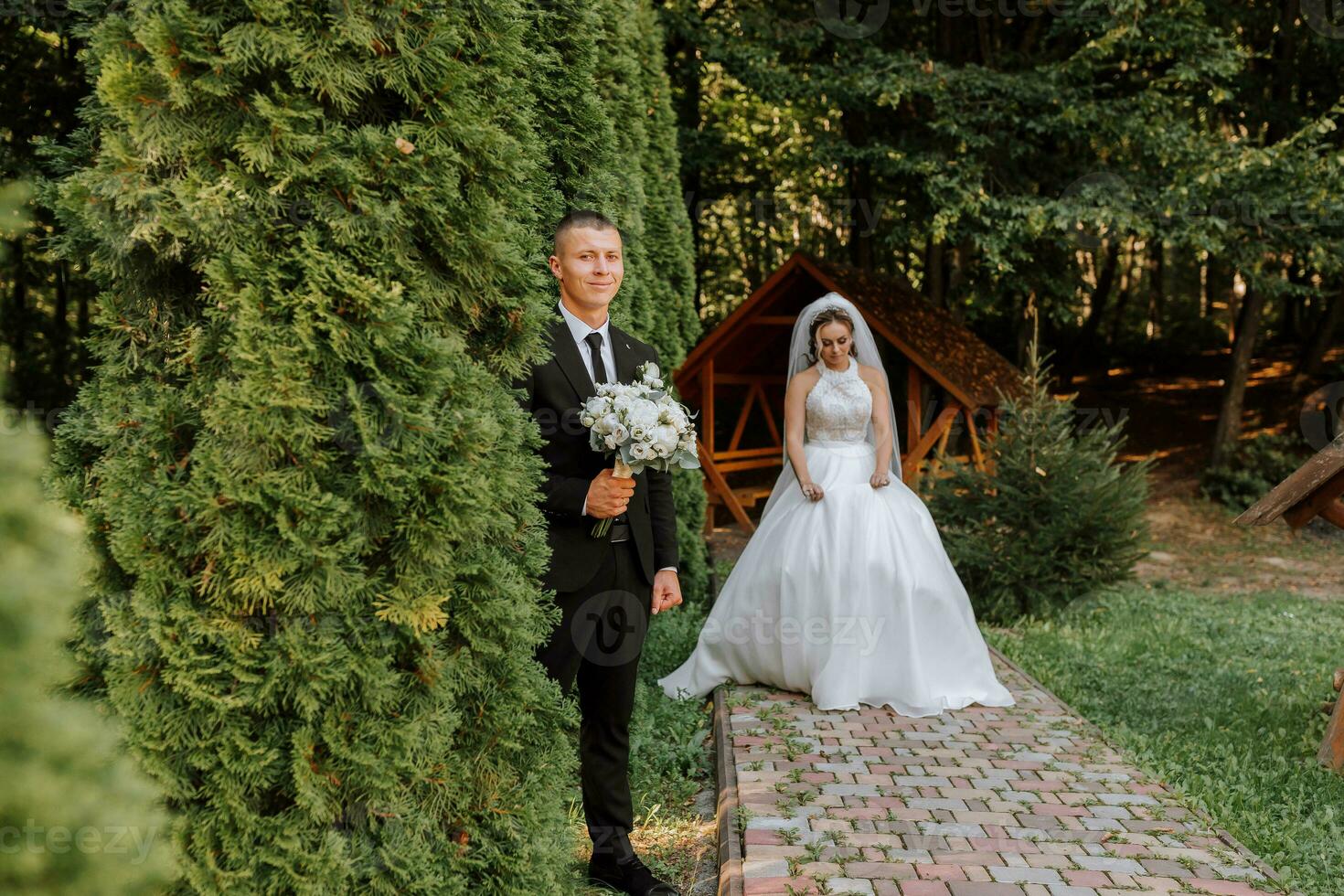 A stylish groom in a black suit and a cute bride in a white dress with a long veil are hugging and walking near green tall trees. Wedding portrait of smiling and happy newlyweds. photo