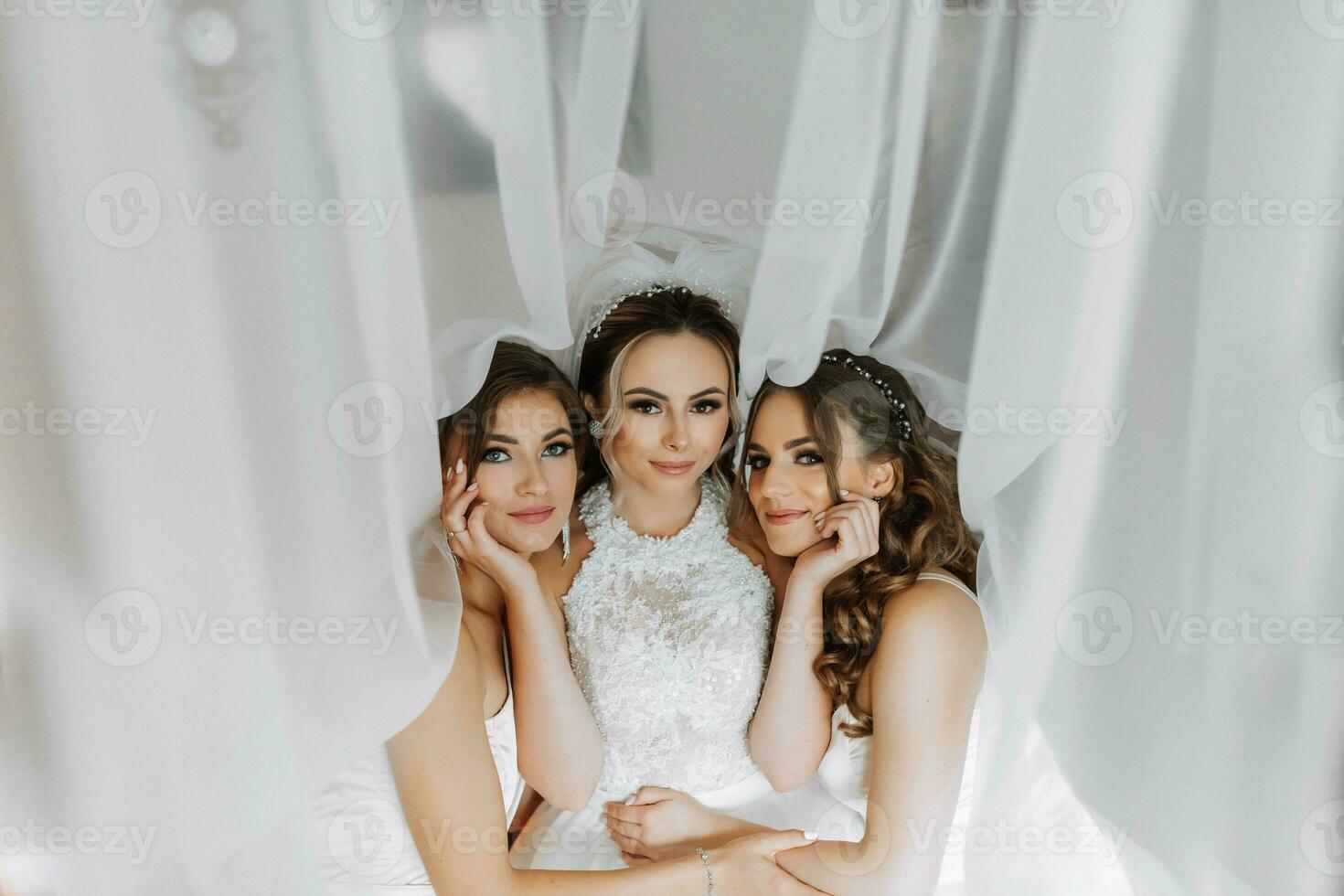 The bridesmaids are looking at the camera. All under the bride's veil. The bride and her fun friends are celebrating a bachelorette party in matching dresses. Bride and friends in the room photo