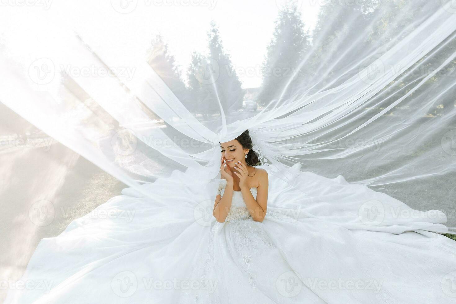 tender portrait of a happy bride with a bouquet of orchids in her hands, outdoors. Warm summer time. A long veil, a luxurious white dress with a train. photo