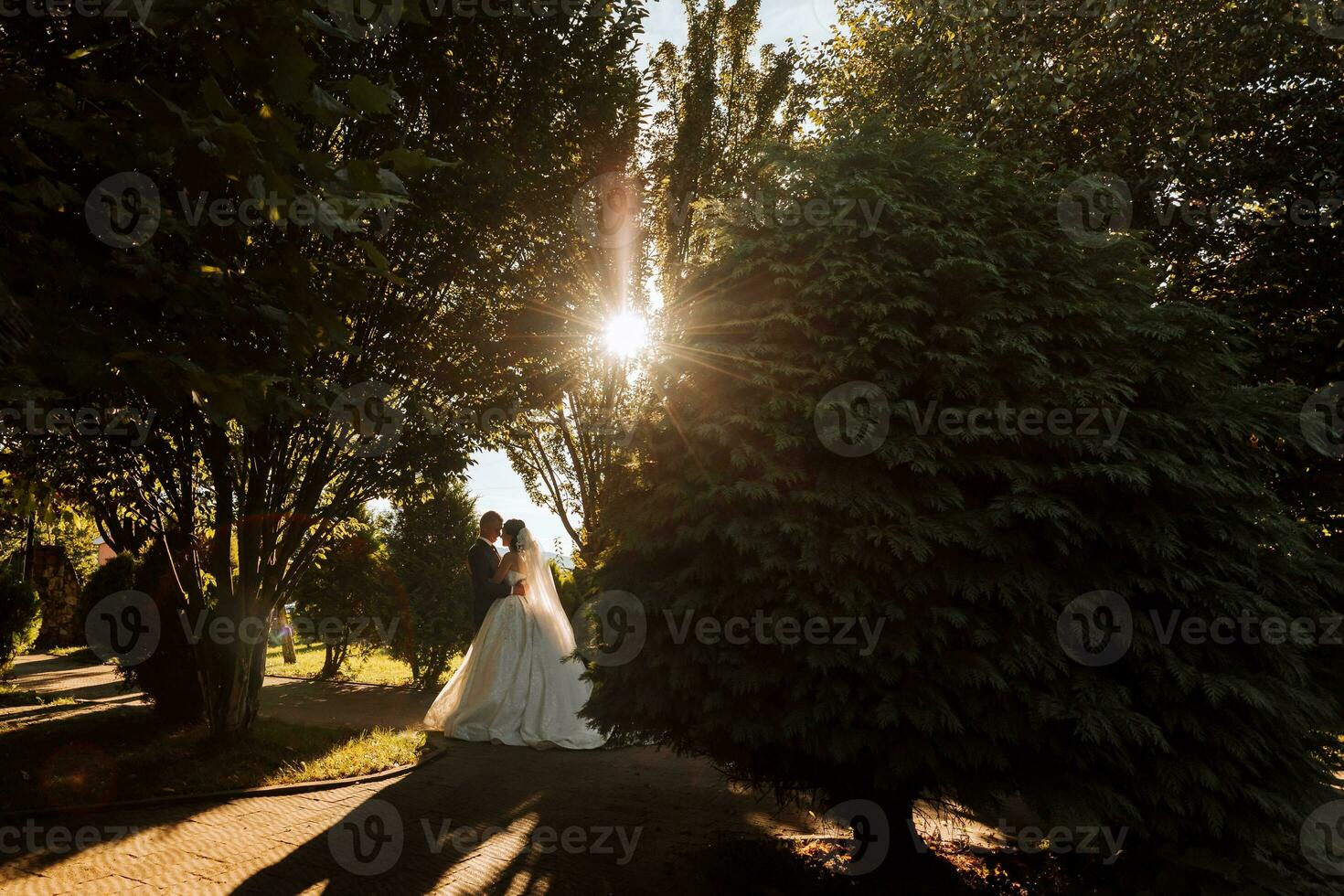 Warm sunny portrait of a happy bride with a bouquet of orchids in her hands and a groom in a classic suit, at sunset. Warm summer time. A long veil, a luxurious white dress with a train. photo