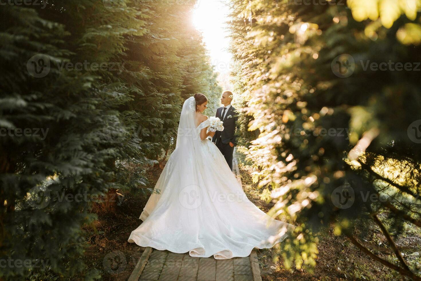 Happy bride and groom are walking in the park after the wedding ceremony. Long veil. Chic white dress with open shoulders. A bouquet of orchids. During sunset photo